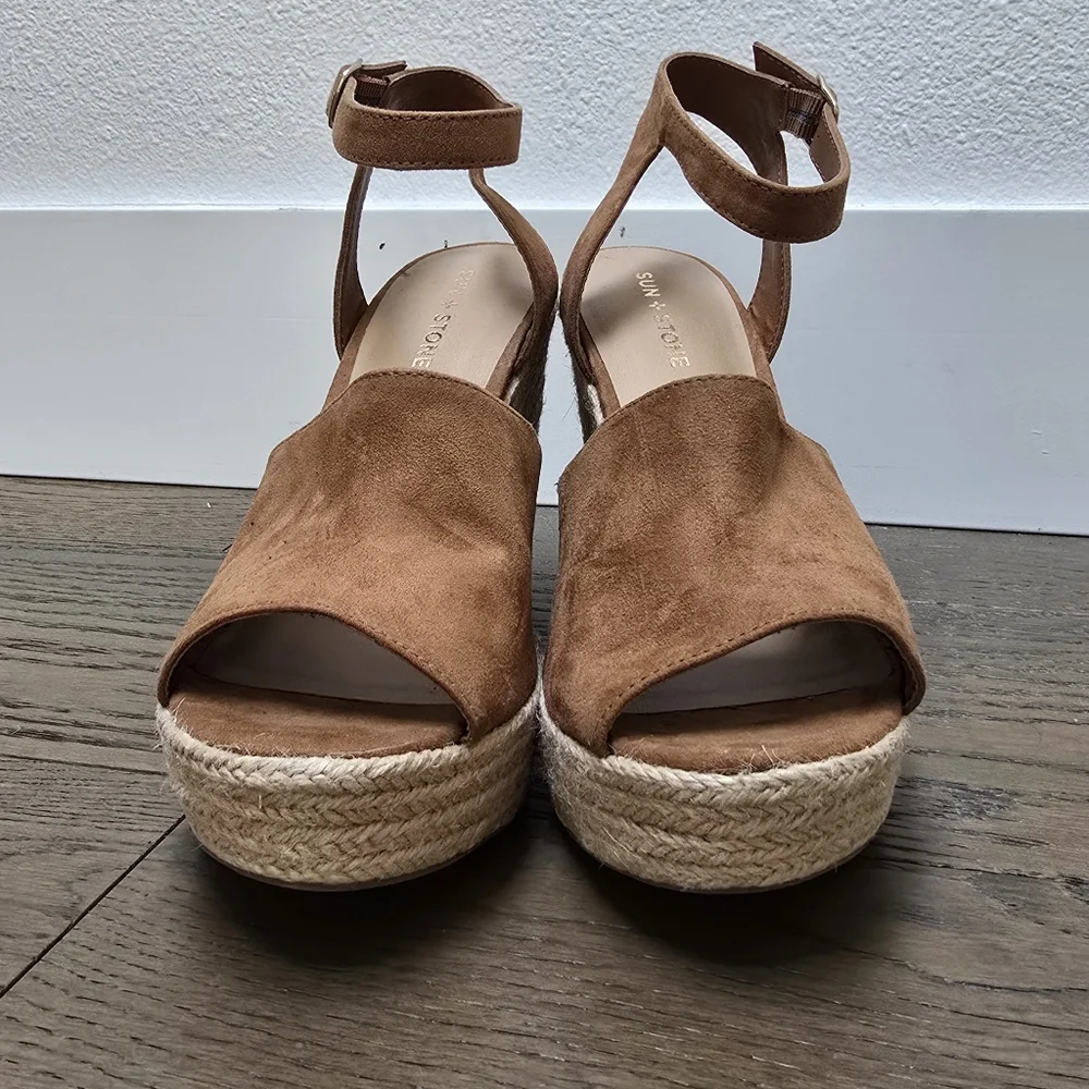 Sun + Stone Fey Platform Ankle Strap Espadrille Block Heel Sandal in Cognac